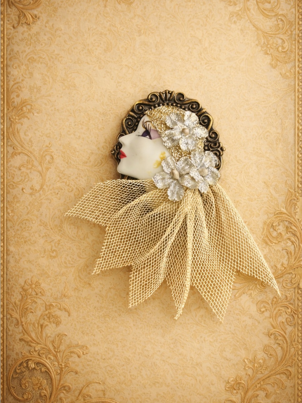 Vintage Porcelain Lady Profile Brooch with Veil & Floral Hair Accents